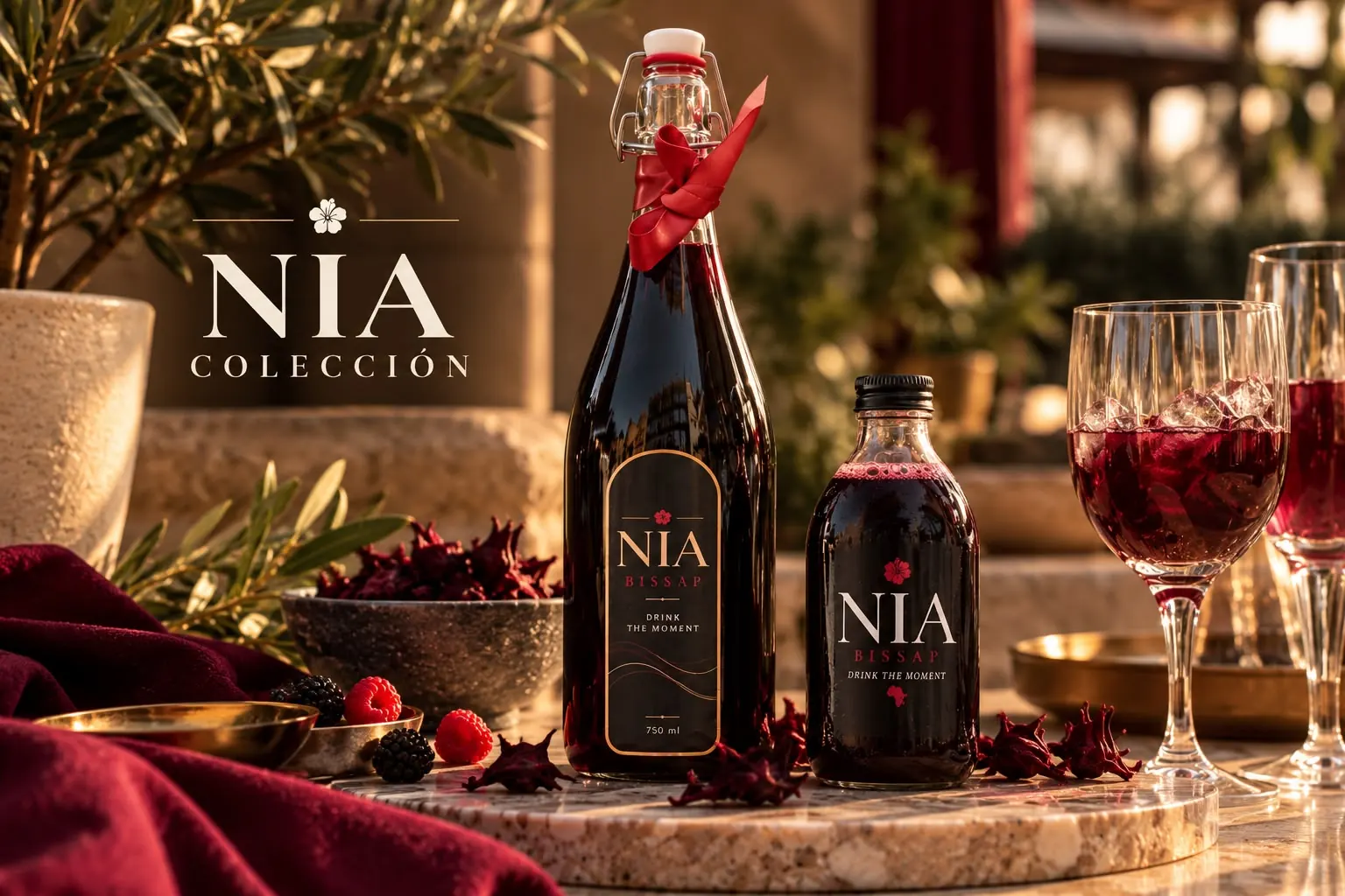 Botella NIA de 750 ml junto a una de 250 ml con copas