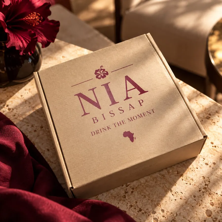 Caja NIA Discovery sobre mármol con flor de hibisco