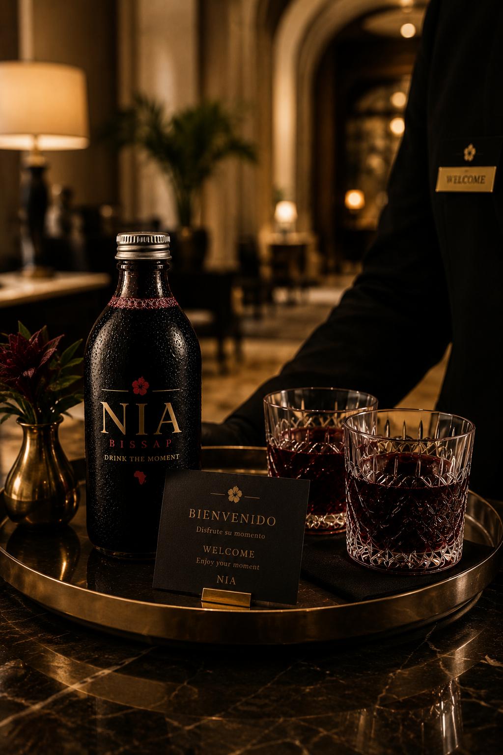 NIA Bissap como welcome drink en el lobby de un hotel