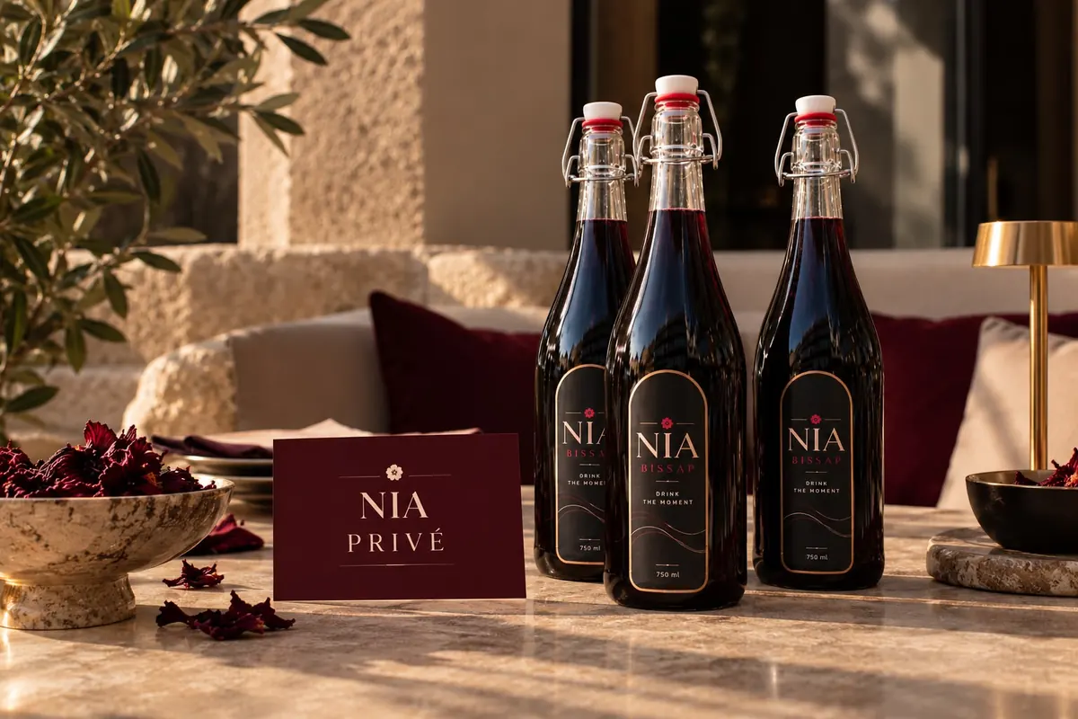 Tarjeta NIA Privé junto a botellas NIA en una terraza